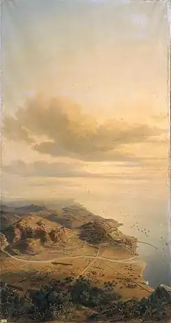 Vue panoramique des travaux du siège de Tarragonne, château de Versailles.