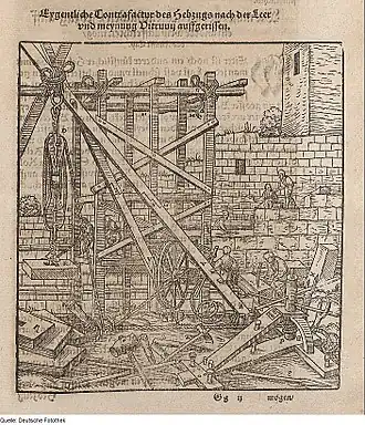 Machine de levage avec câbles. Vitruvius Teutsch. Walther Hermann Ryff. 1575