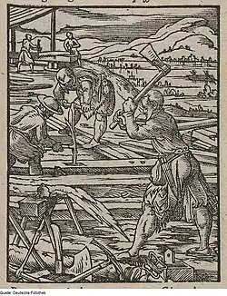 Hartmann Schopper & Jost Amman. Ständebuch & Handwerk & Zimmermann. Gravure sur bois de fil, sur papier. 1568. Équarrissage à l'avant.