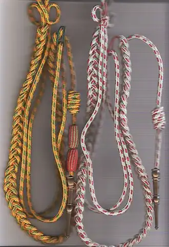 Fourragère aux couleurs du ruban de la Médaille militaire avec olives aux couleurs du ruban de la croix de guerre (1914-1918) (1939-1945) puis fourragère aux couleurs du ruban de la croix T.O.E.