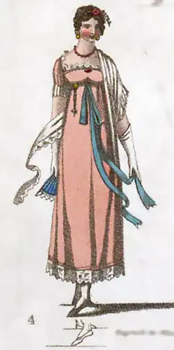 gravure coloriée de 1811, montrant une jeune femme en robe de bal (avec gants, éventail et châle) pour expliquer un pas de danse