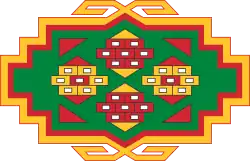 Dessin géométrique à symétries horizontale et verticale aux couleurs rouge, verte et jaune.