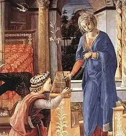 Détail de peinture. Marie saisit un lys à longue tige tenu du bout du doigt par l'ange.