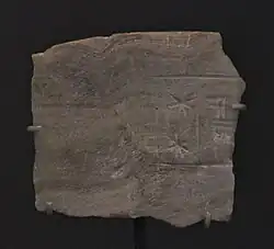 Fragment de bord de vase portant une inscription votive, mis au jour dans le « lieu très saint » du temple d'Ishtar.