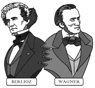 Caricature de Berlioz et Wagner en bustes se tournant le dos mais emboîtés