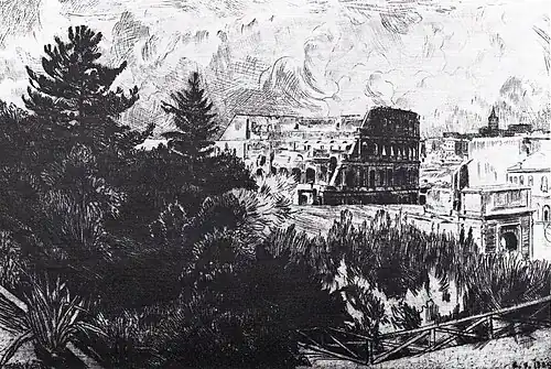 Le Colisée, 1905 (Eau-forte et pointe sèche ; 19,7&nbsp;×&nbsp;29,5&nbsp;cm), Liège, Musée de La Boverie