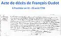 Acte de décès de François Oudot - Registre paroissial de la commune de Savigny-en-Revermont.  Archives départementales de Saône et Loire.