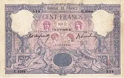 100 francs bleu et rose, Face recto