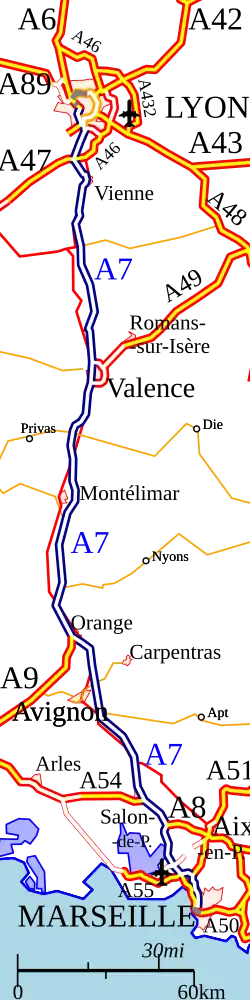 Carte détaillée de l'autoroute A 7