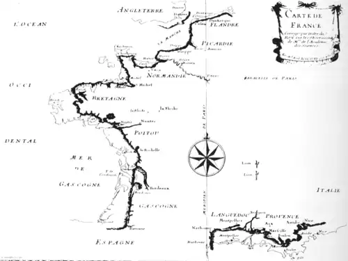 Carte du littoral français rectifiée par l'Académie Royale en 1692.
