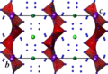Structure de la francevillite, projetée sur le plan (b, c). Violet : U, rouge : V, vert : Ba et Pb, bleu : O. Les atomes d'hydrogène ne sont pas représentés.