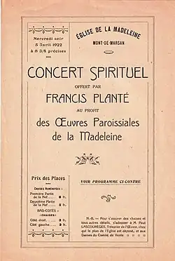 programme du concert du 5 avril 1922 donné par Francis Planté à l'église de la Madeleine de Mont-de-Marsan