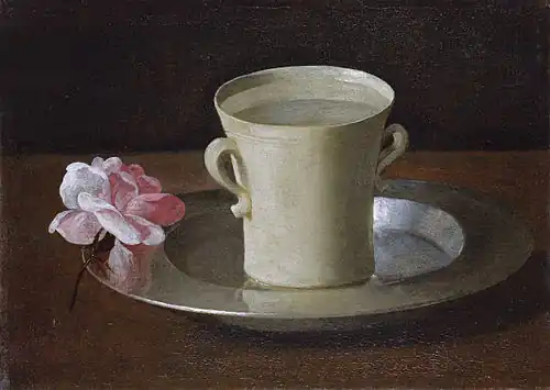 Une tasse d'eau et une rose sur un plateau d'argentVers 1630 (21 × 30 cm)National Gallery, Londres.