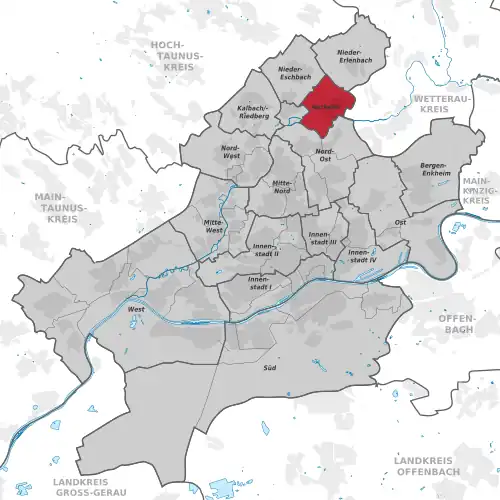 Carte situant l'arrondissement (en rouge) au sein du reste de la ville (en gris)
