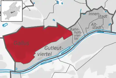 Carte situant le quartier (en rouge) au sein l'arrondissement (en gris foncé) et du reste de la ville (en gris clair)