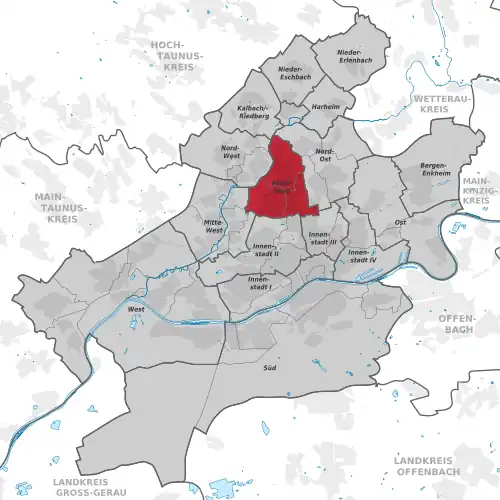 Carte situant l'arrondissement (en rouge) au sein du reste de la ville (en gris)