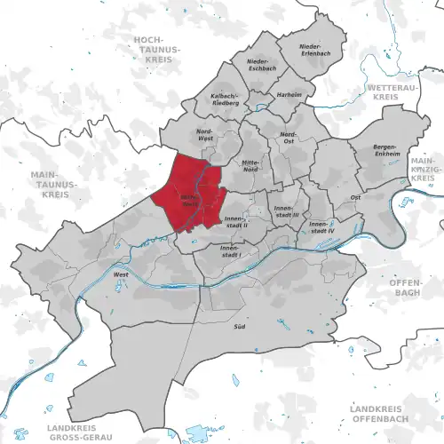 Carte situant l'arrondissement (en rouge) au sein du reste de la ville (en gris)