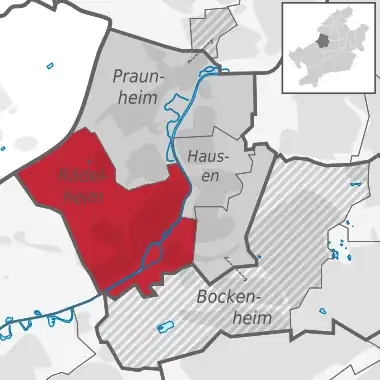 Carte situant le quartier (en rouge) au sein l'arrondissement (en gris foncé) et du reste de la ville (en gris clair)