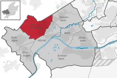 Carte situant le quartier (en rouge) au sein l'arrondissement (en gris foncé) et du reste de la ville (en gris clair)