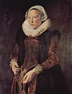 Portrait d'une femme d'une trentaine d'années portant une chaîne autour de la taille, v.1615, huile sur panneau, 94&nbsp;× 71&nbsp;cm (Devonshire Collection, Chatsworth - Derbyshire).