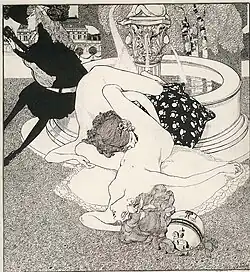 Femmes nues allongées sur et contre une fontaine, l'une réalisant un cunnilingus à sa partenaire