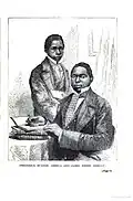 Dessin noir et blanc représentant deux hommes africains habillés de costumes bourgeois européens, l'un assis à côté d'une table et écrivant sur un livre et l'autre debout derrière tenant un livre.