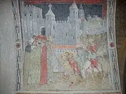 Fresque du XVe&nbsp;siècle de la collégiale Saint-Barnard de Romans-sur-Isère représentant la plus ancienne vue du palais des papes.