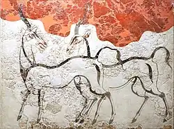 Les impalas (on ignore si ces antilopes ont été introduites depuis l'Afrique ou simplement représentées ici.)