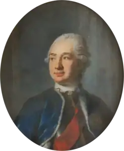 Portrait ovale d'un jeune homme regardant vers la gauche, portant une perruque blanche et de beaux habits