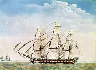 Tableau stylisé de la frégate américaine l’Essex, représenté de bâbord avec ses canons sortis, dans les îles Galapagos.