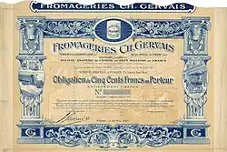 Obligation des Fromageries Ch. Gervais de 500 francs, daté du 29 mai 1920 (pièce d'archives non émise)