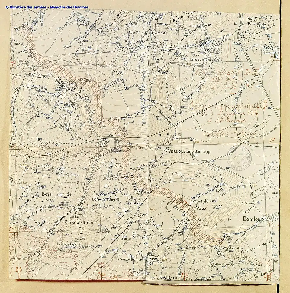 Front approximatif le 3 novembre 1916 à 18&nbsp;h autour du fort de Vaux.