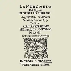 Reproduction de la page de titre du livret de L'Andromède (1637)