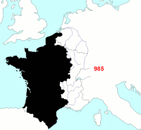 Carte animée montrant l'évolution du territoire français métropolitain de 985 à 1947. Après s'être petit à petit accrue au Moyen Âge et aux Temps Modernes, la France a connu sa dernière extension territoriale majeure et définitive en 1860, par l'acquisition de Nice et de la Savoie.