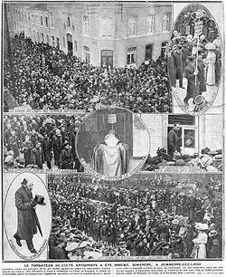 Sept photographies en noir et blanc illustrant les funérailles d'Antoine : 1) la levée du corps au temple antoiniste de Jemeppe-sur-Meuse ; 2) le porte-arbre et le lecteur Delcroix en habit antoiniste ; 3) le cercueil porté par les antoinistes en lévite ; 4) le catafalque d'Antoine ; 5) Un adepte costumé recueillant les cartes des adeptes ; 6) Deregnaucourt en habit antoiniste ; 7) la foule d'adeptes