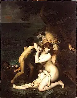Un groupe de personnages nus, homme, femme et enfants visiblement affolés, se pressent ensemble alors qu'autour d'eux l'eau a tout envahi.