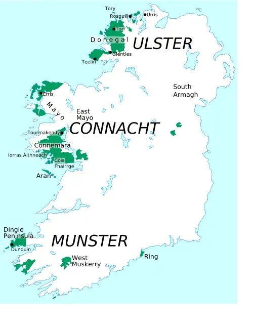 Carte de l'Irlande, avec des régions de langue irlandaise colorées en vert
