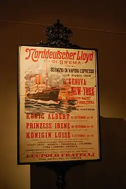 Affiche de la Norddeutscher Lloyd pour Genova - New York en bateau à vapeur au début du XXe siècle.