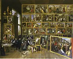 Galerie de l'archiduc Léopold-Guillaume à Bruxelles, par David Teniers II, à Petworth House. Antoine Triest se tient à côté de l'archiduc.