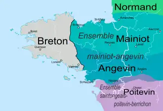 Carte des langues en Bretagne et dans les régions voisines selon Pierre Bonnaud.