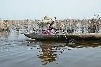 Femme tofinu et son enfant longeant les pièges acadja.