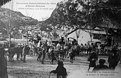 Samedi 15 février 1908, à la gare de Laruns, arrivée pour le concours international de skis d'Eaux-Bonnes.