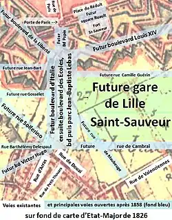 Espace de la future gare et boulevard sur fond de carte d'Etat Major 1826