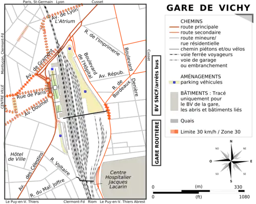Carte des environs de la gare de Vichy.