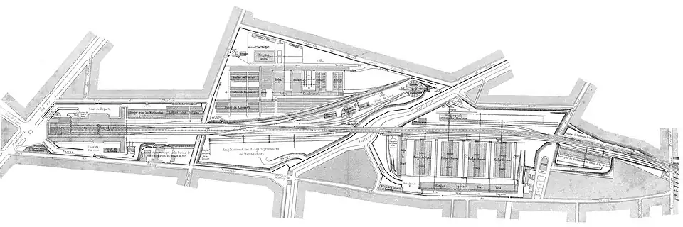 Plan de la gare, des remises, ateliers et halles aux marchandises en 1859.