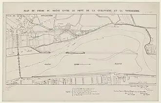 Plan Garella de 1833, montrant l'aboutissement d'un ruisseau (bras sud de la Rize) dans la lône de Bèchevelin, à la Guillotière.