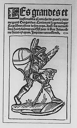 Gravure et texte en lettres gothiques présentant le géant Gargantua.