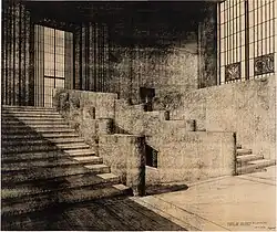 Escalier principal, dessin préparatoire de Tony Garnier, conservé au Musée de beaux-arts de Lyon.