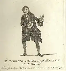 Gravure d'un acteur debout en habit noir, légendée : représentation de la scène 4 de l'acte I.