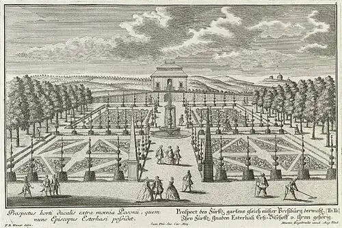Jardin de l'ancien palais d'été de l'archevêque à Presbourg dans la première moitié du XVIIIe siècle. À droite, en arrière-plan, les chapelles du Calvaire de Bratislava. .